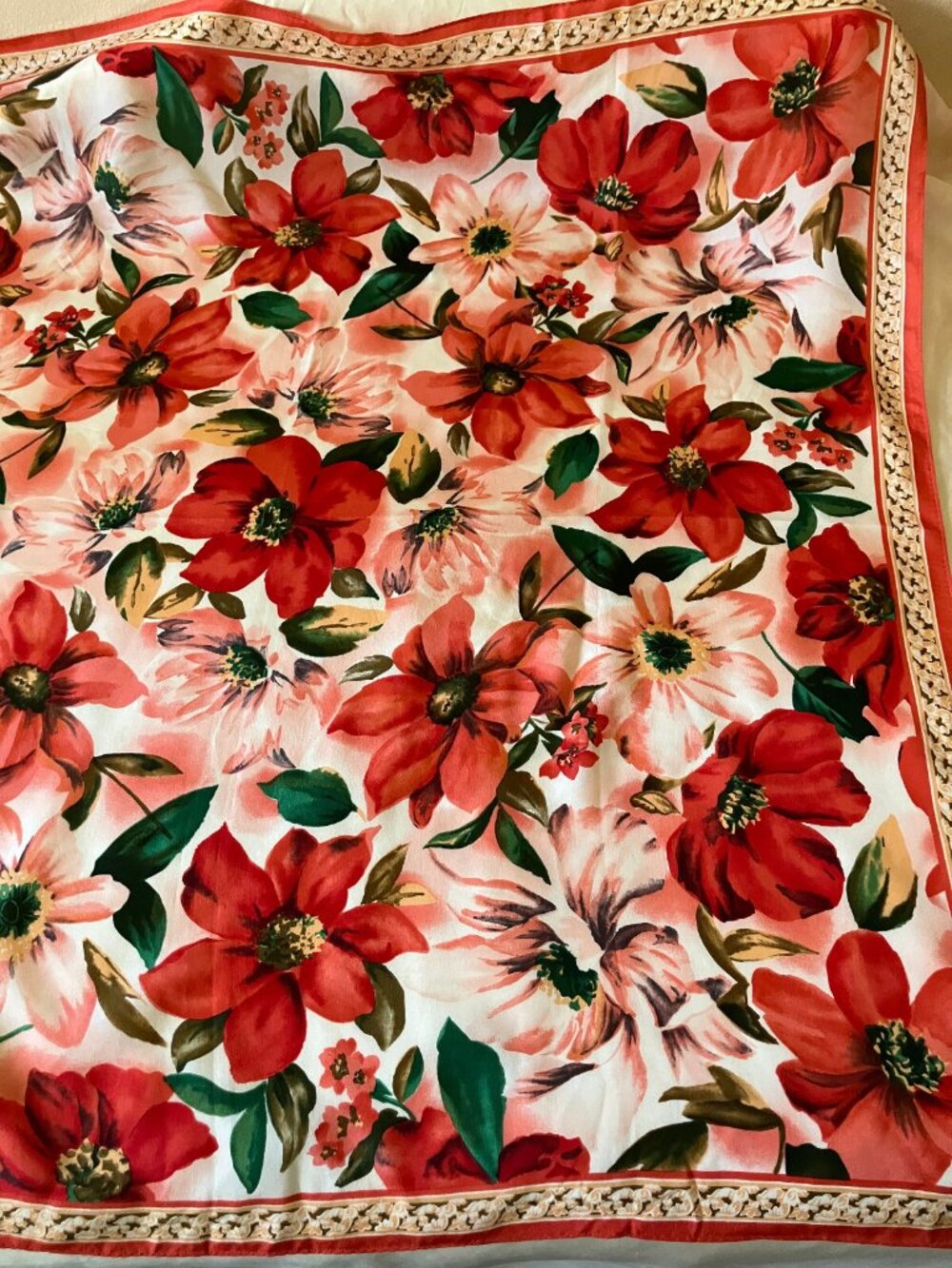 Morgan Taylor Macy's Vintage Red Pink Floral Silk Square Scarf Wrap Handkerchief